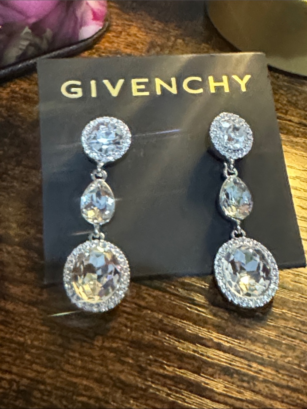 Givenchy Silver-Tone Crystal Three-Drop Earrings